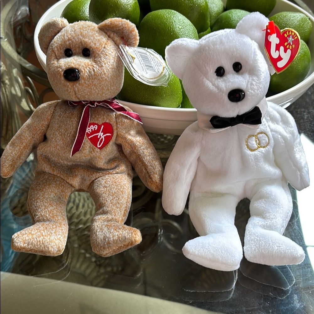 Ty Plush Bears - Tan with Red Ribbon and White with Black Bow